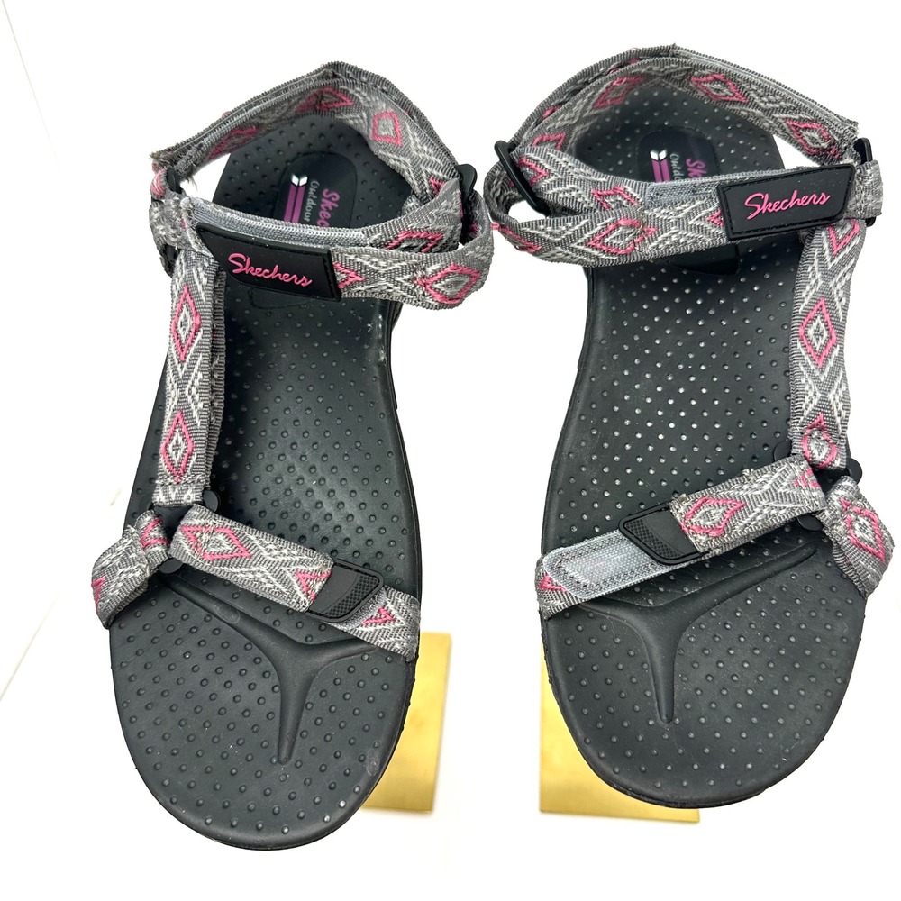 Skechers Reggae Slim Vacay Gray Pink Geometric Strappy Hiking Sandals Womens 10